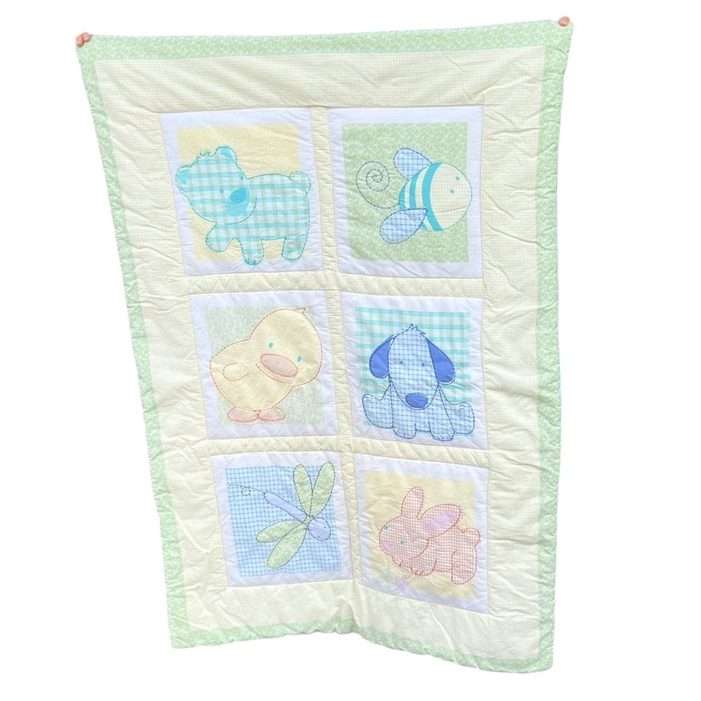 Y2K Carters Tykes Animals Crib Quilt Pastel Gingham Puppy Bee Duck Dragonfly HTF